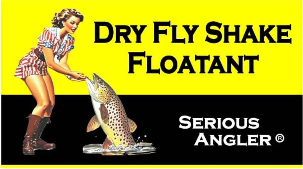 Yellow DRY FLY SHAKE FLOATANT label with fly illustration and Serious Angler branding