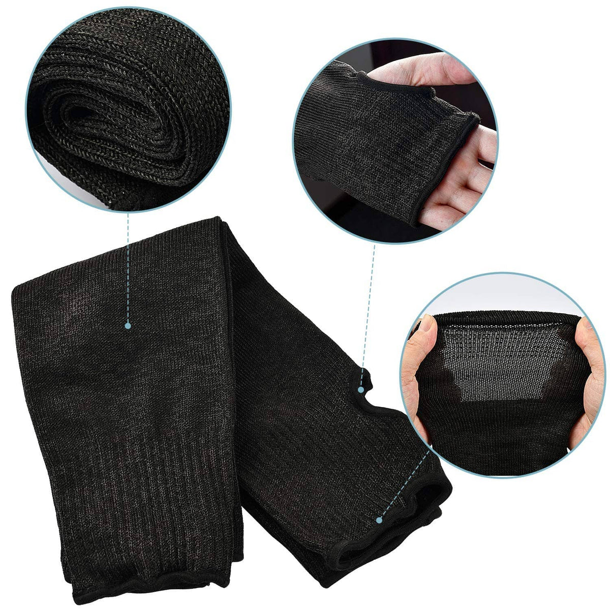 Black arm sleeve protectors with close-up knit fabric and elastic cuff