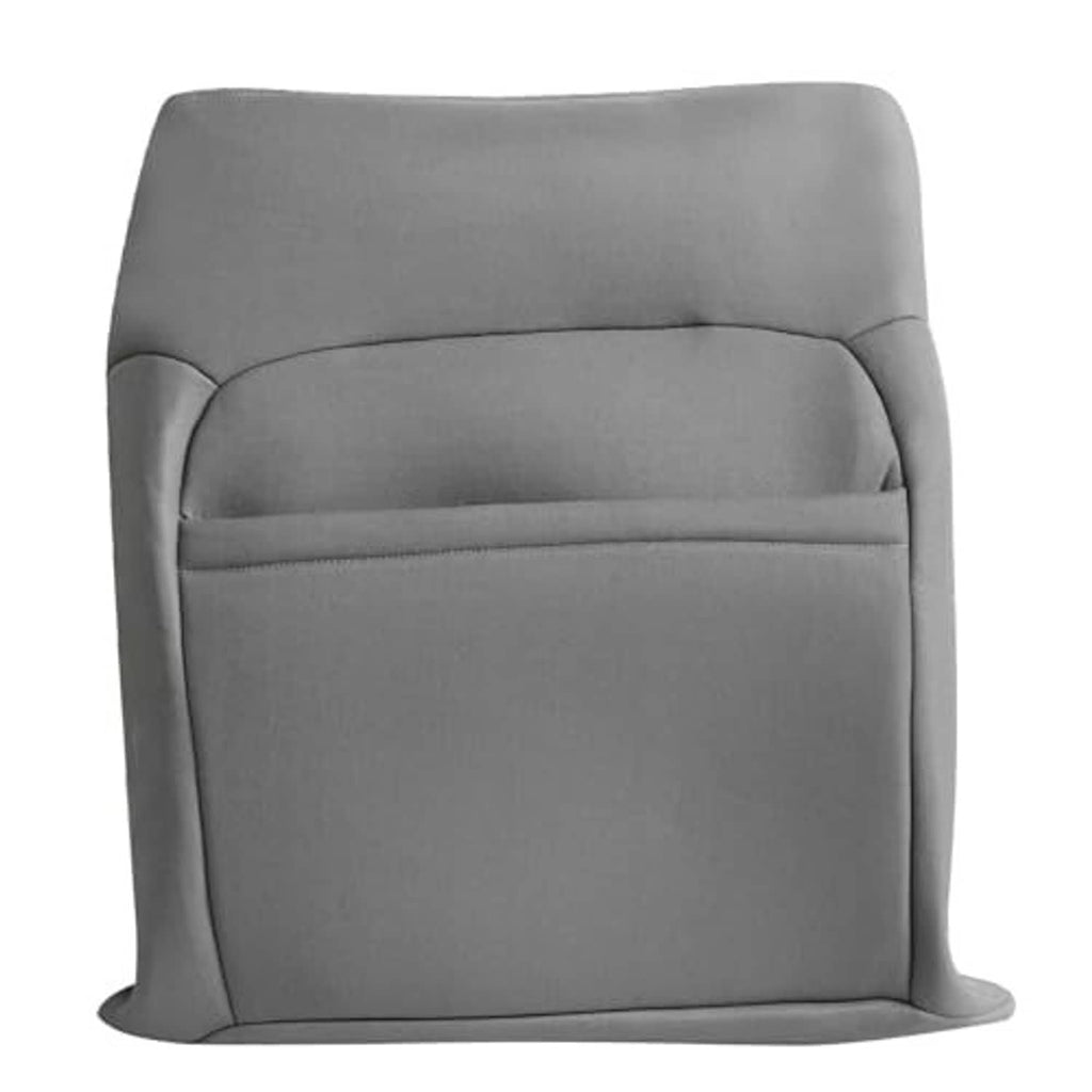 Gray car seat back cover with smooth front panel and padded armrest sections