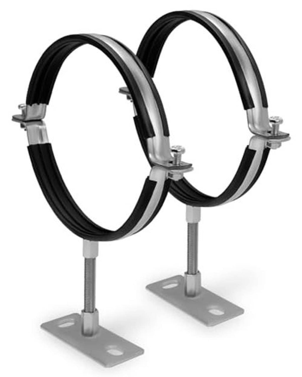2-piece adjustable split-ring pipe hangers with black anti-slip mats and metal brackets