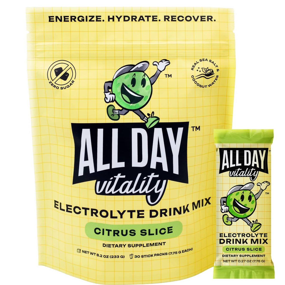 ALL DAY Vitality citrus slice electrolyte drink mix pouch and packet, yellow with green accents