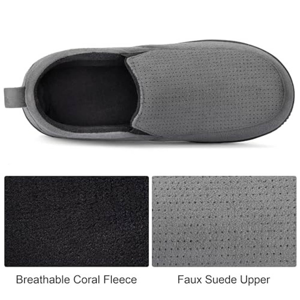 Charcoal closed-back slip-on slippers with plush lining; textured faux suede upper.