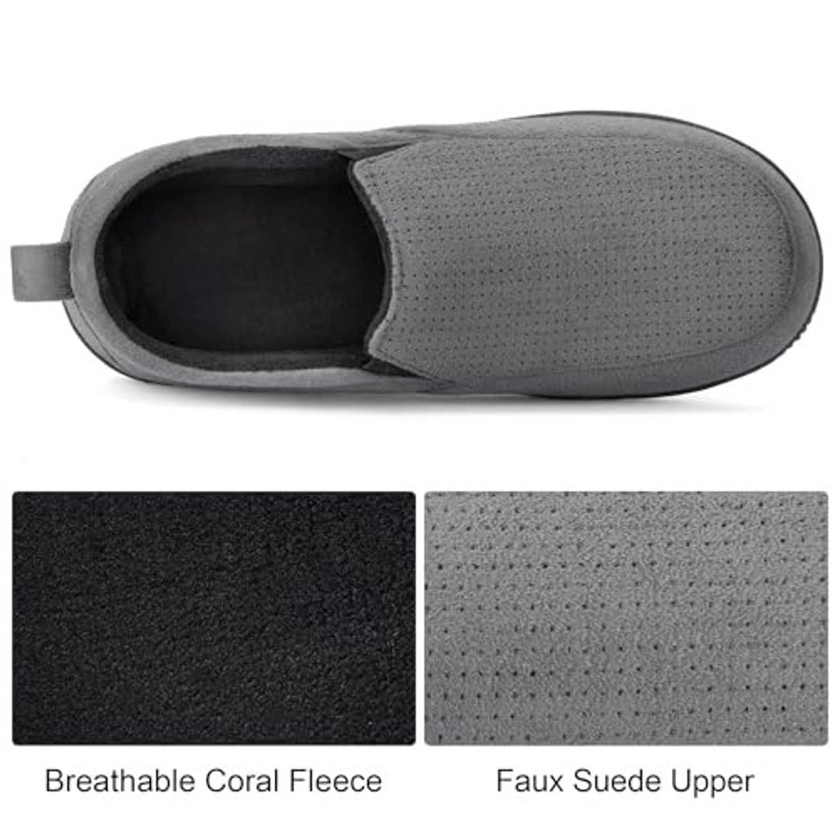 Charcoal closed-back slip-on slippers with plush lining; textured faux suede upper.
