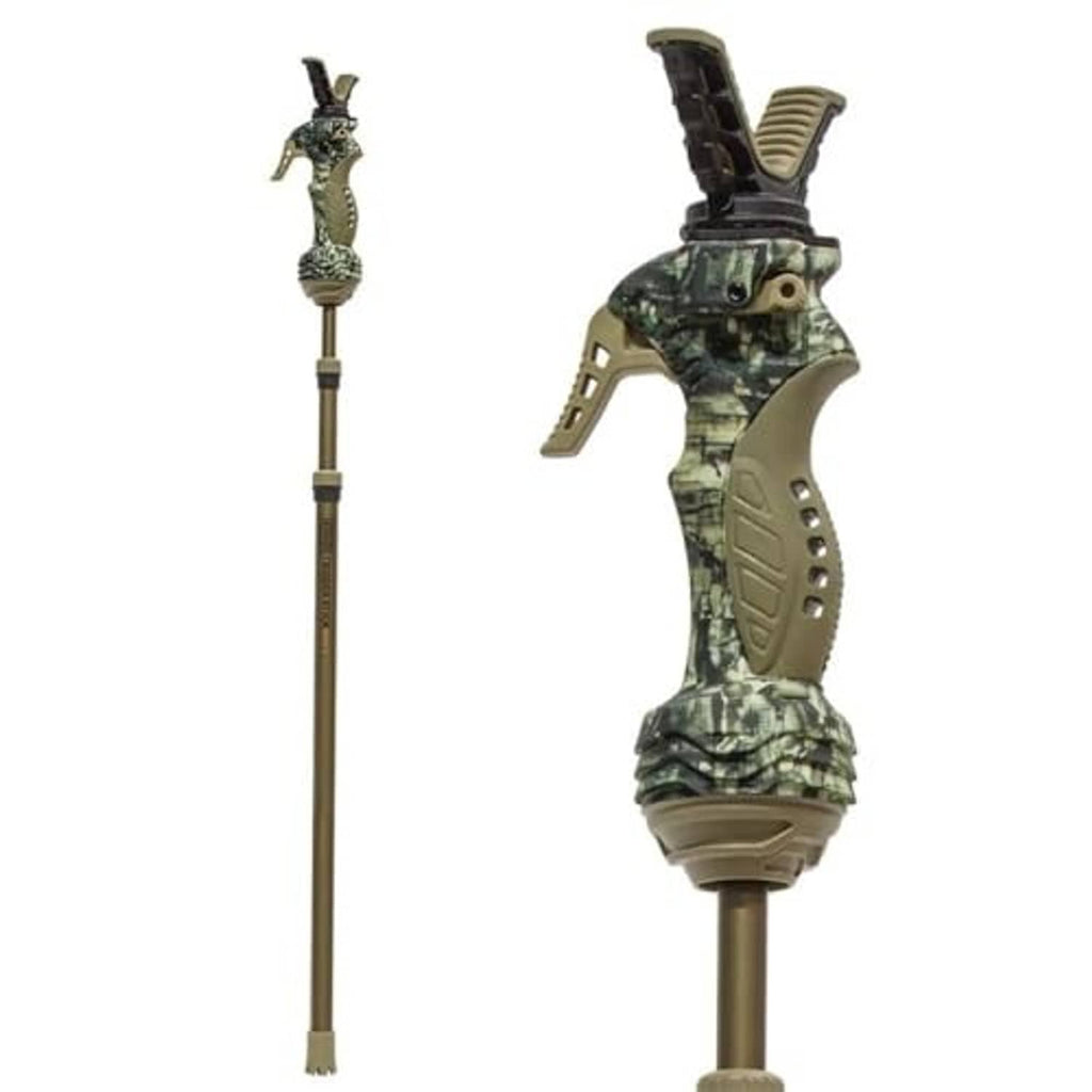 Camo trigger-stick shooting support with padded hand rest and foregrip