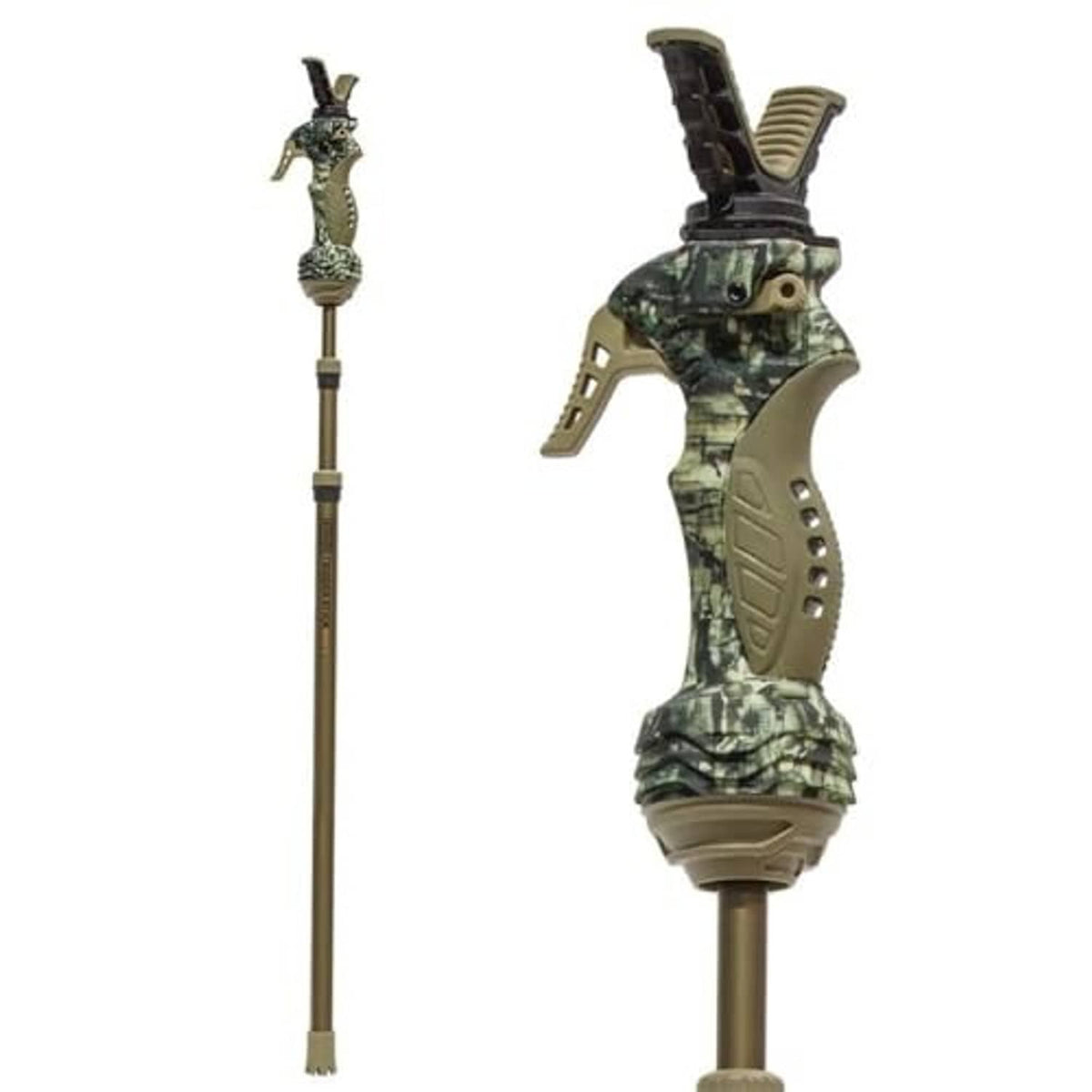Camo trigger-stick shooting support with padded hand rest and foregrip