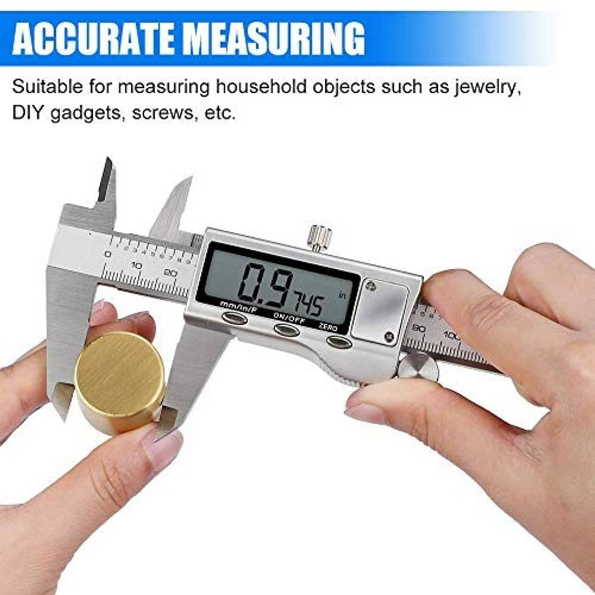 Handheld digital caliper with LCD readout measuring a round metal coin