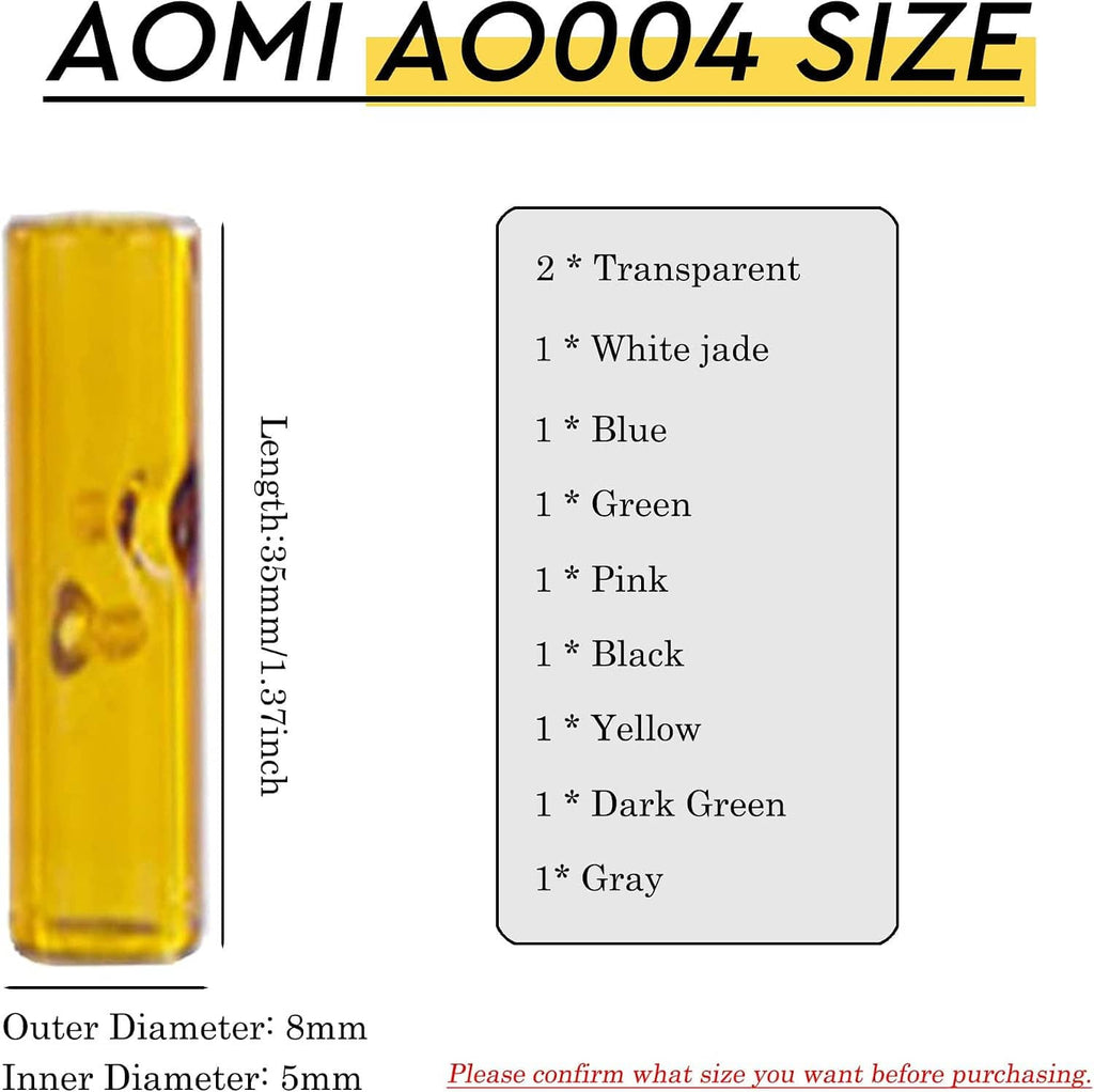Yellow reusable glass filter mouthpiece tube with clear label card showing size options