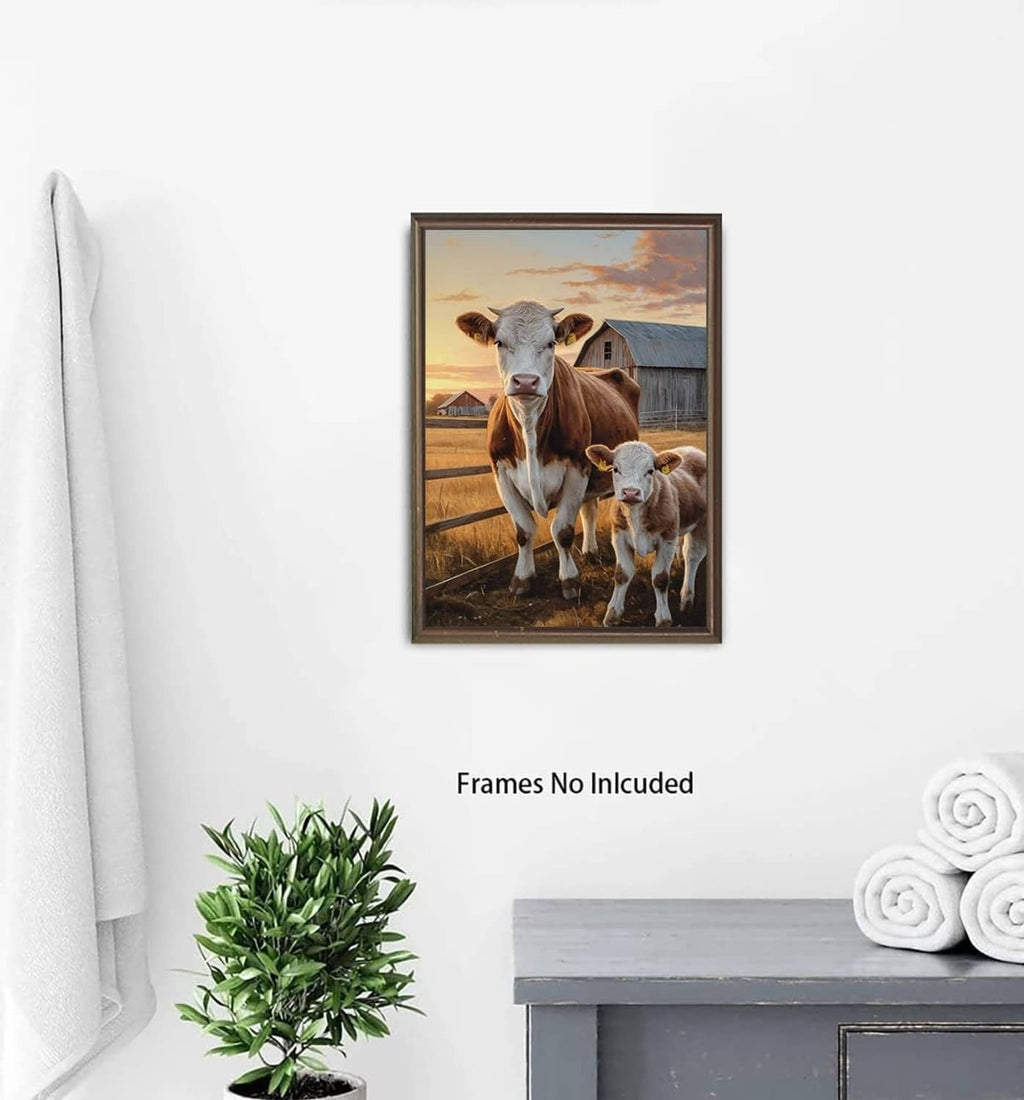 Framed farm canvas wall art featuring brown cow and gray calf standing outdoors