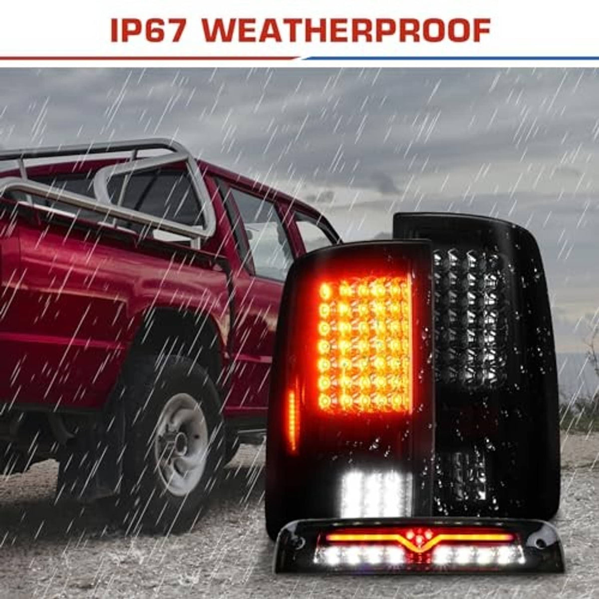 LED taillight in black smoke lens with bright red center and white light strip