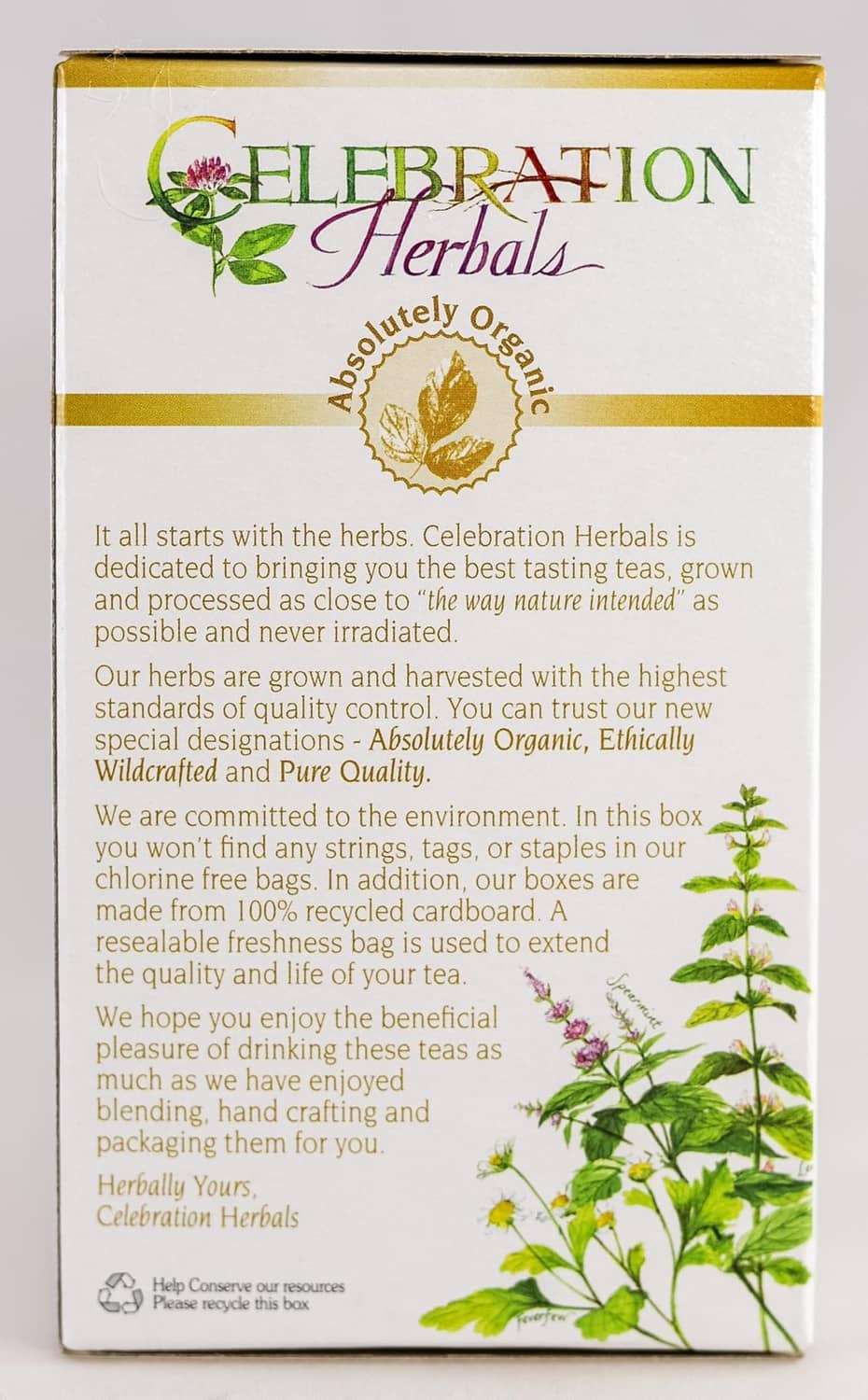 Celebration Herbals parsley leaf tea bags box side panel with product and quality info.