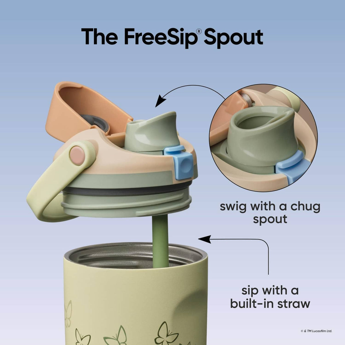 Owala FreeSip spout water bottle showing chug spout and built-in straw