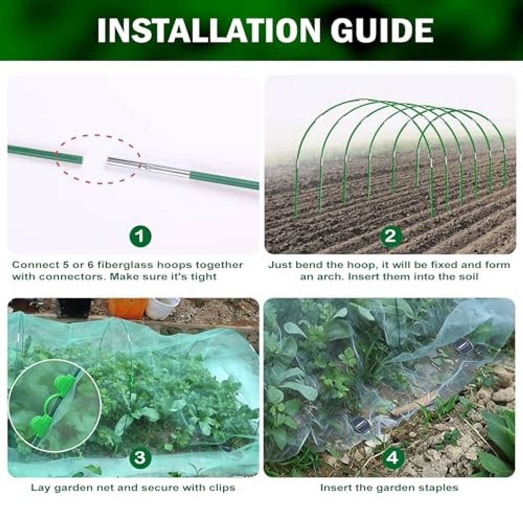 Green hoop netting installation kit with connectors, clips, and garden staples