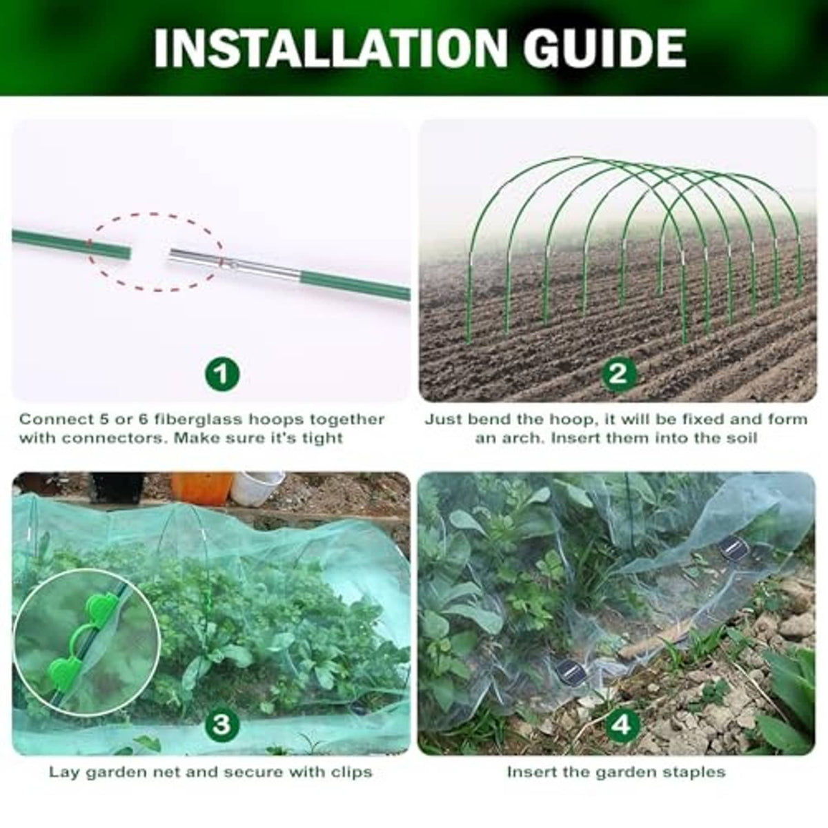 Green hoop netting installation kit with connectors, clips, and garden staples