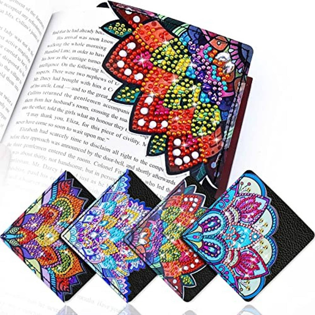 Set of 4 colorful diamond art bookmarks with mandala patterns on black backing