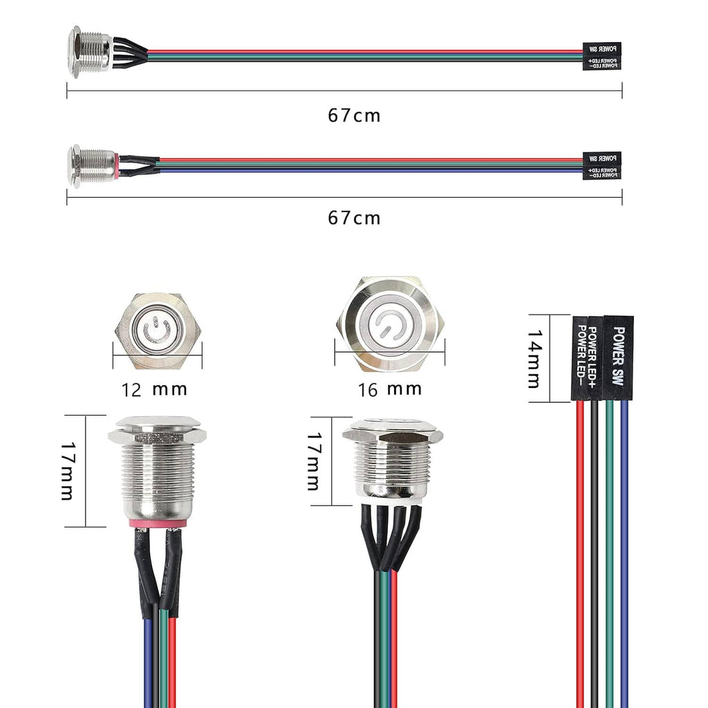 Metal power button assembly with 67cm cable and labeled 12/16mm mounting dimensions