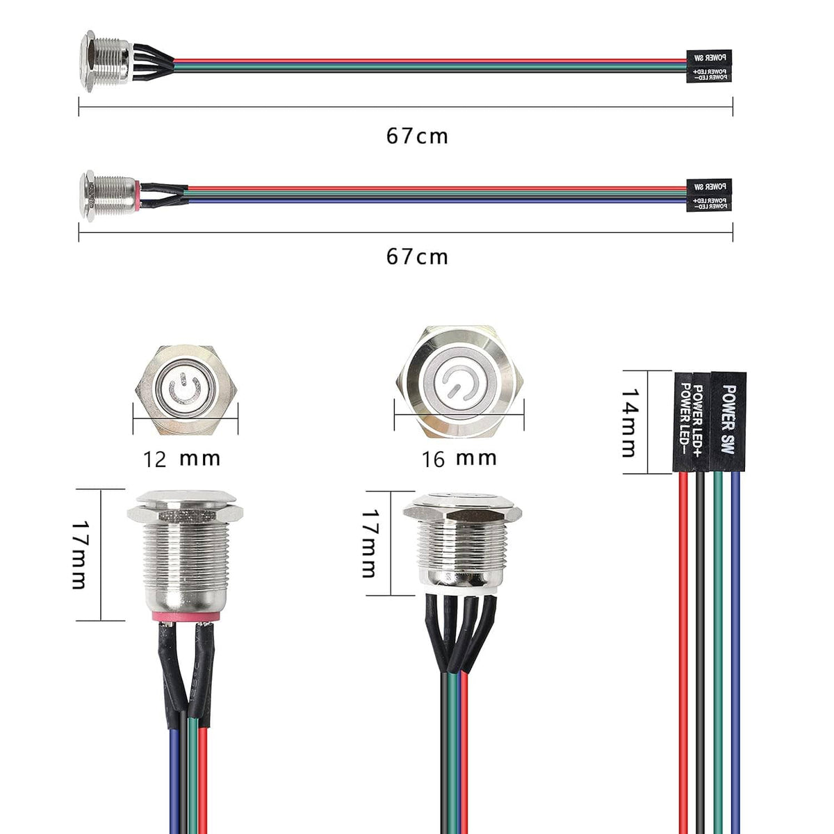 Metal power button assembly with 67cm cable and labeled 12/16mm mounting dimensions