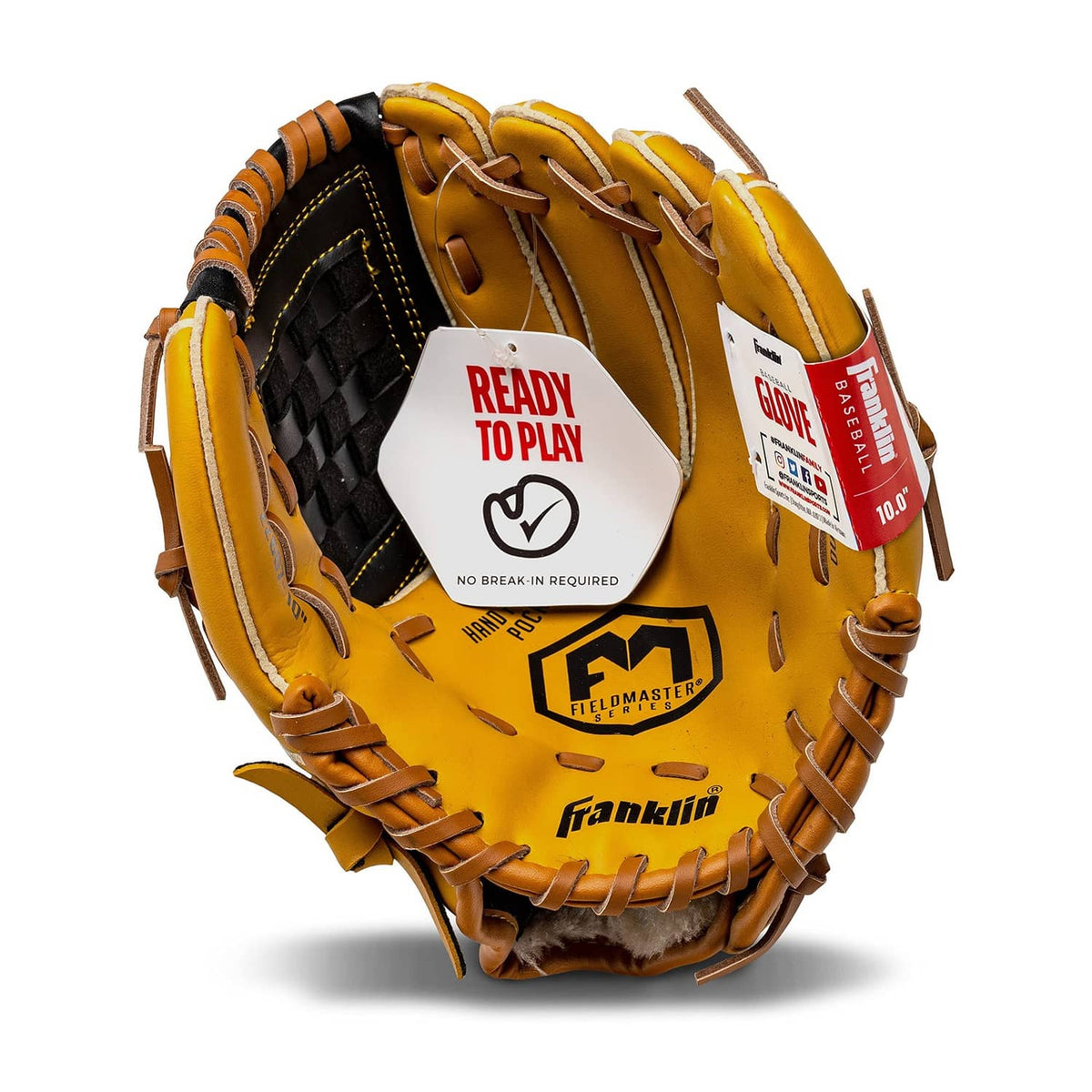 Yellow Franklin baseball glove with Fieldmaster logo and Ready to Play hang tag