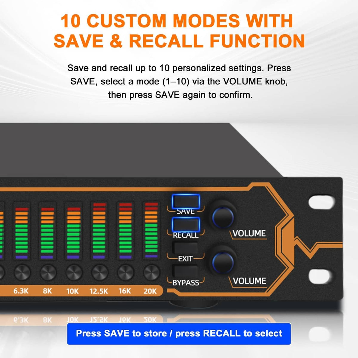 Audio equalizer front controls with SAVE, RECALL, BYPASS buttons and volume knob