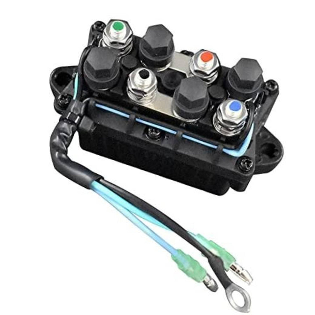 Marine outboard power trim relay module with black housing, terminal studs, and wire leads