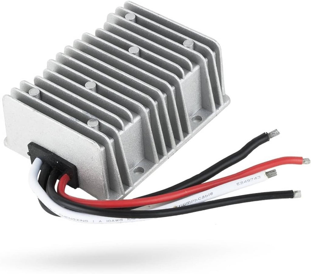 DC converter with heatsink and attached red and black output wire leads
