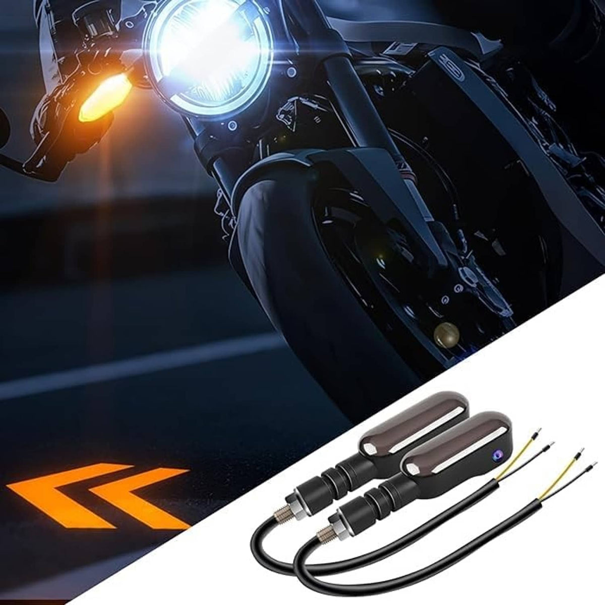 Black oval LED turn signal projector lights, angled view with connected cables