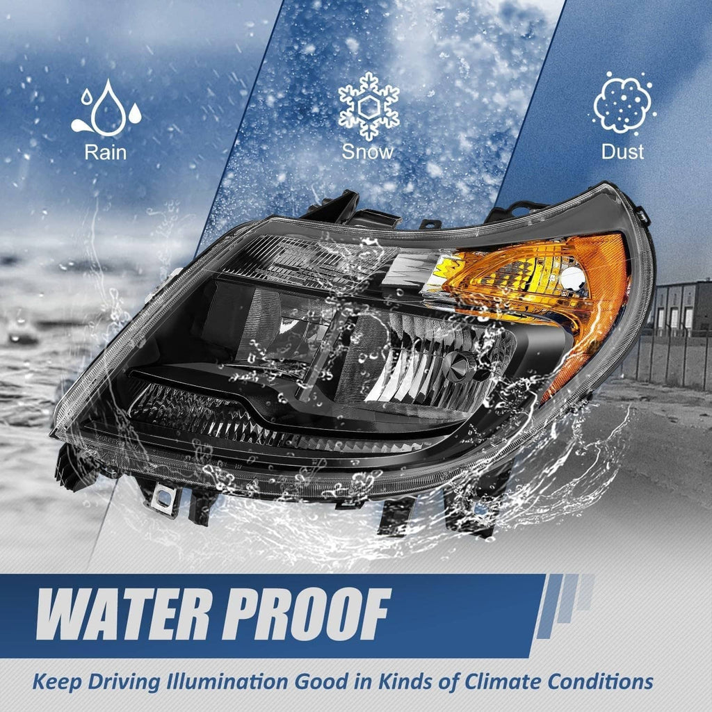 Black headlight with amber turn signal lens and clear reflector elements