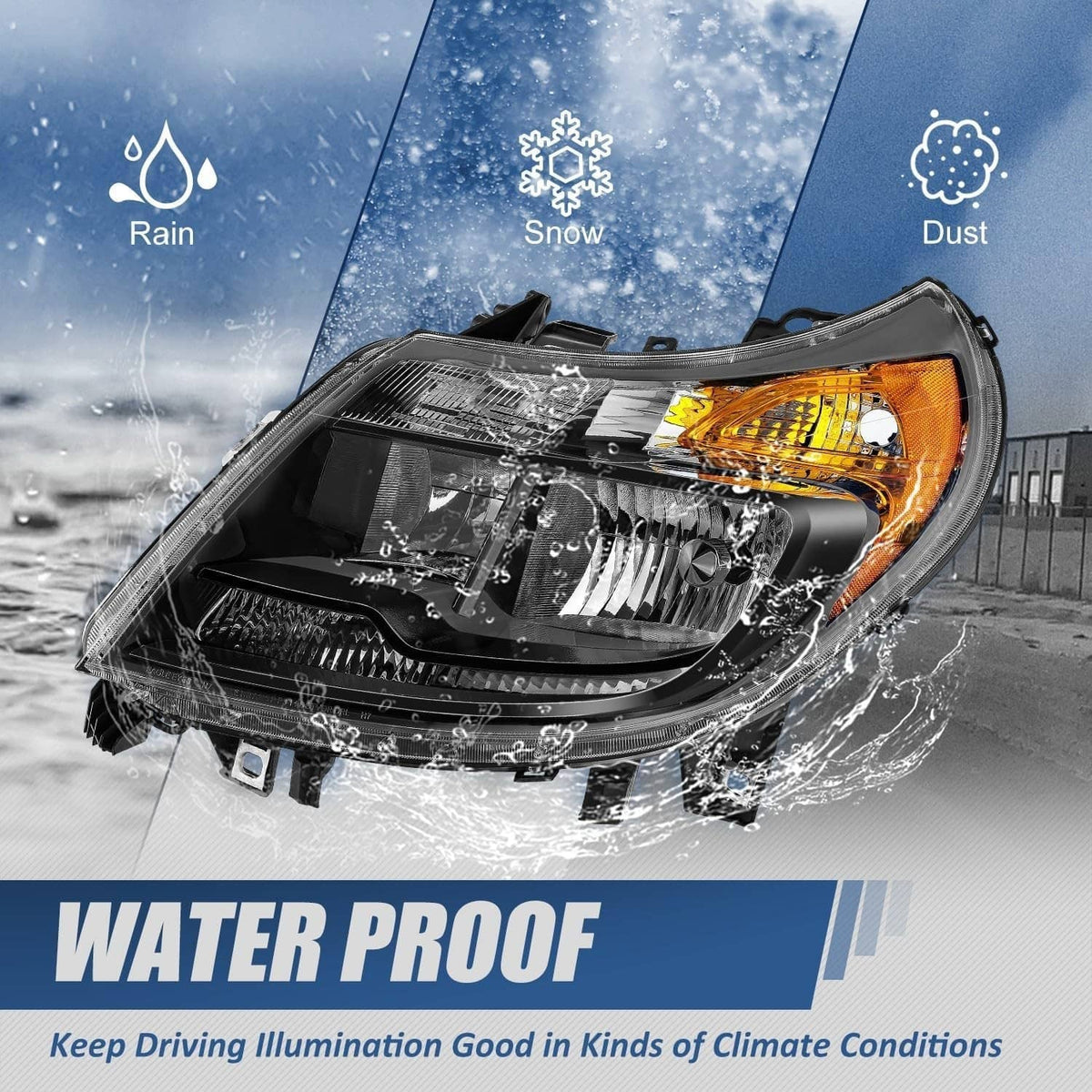 Black headlight with amber turn signal lens and clear reflector elements