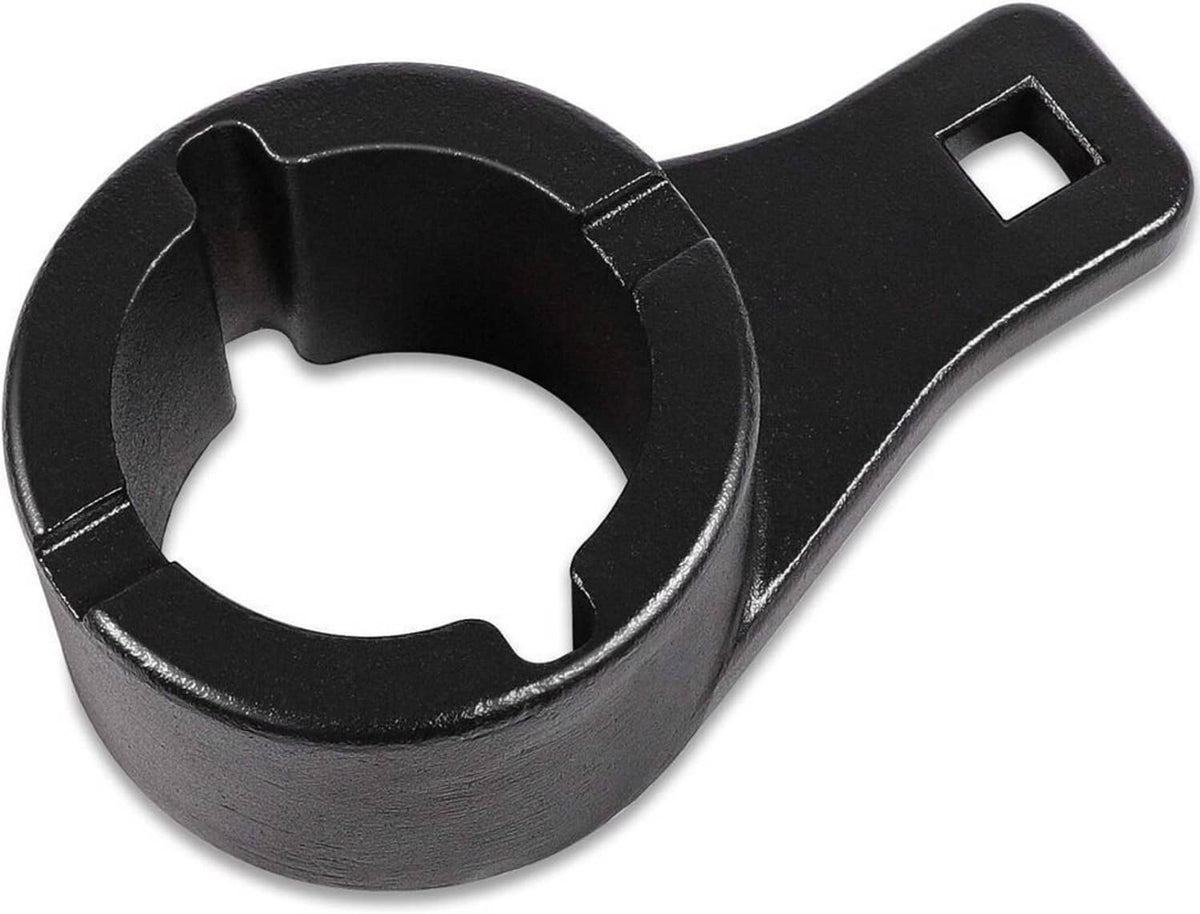 Black circular socket end of harmonic damper pulley holding tool