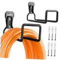 Wall-mounted black metal hose hanger with U-shaped hose supports and square mounting plate