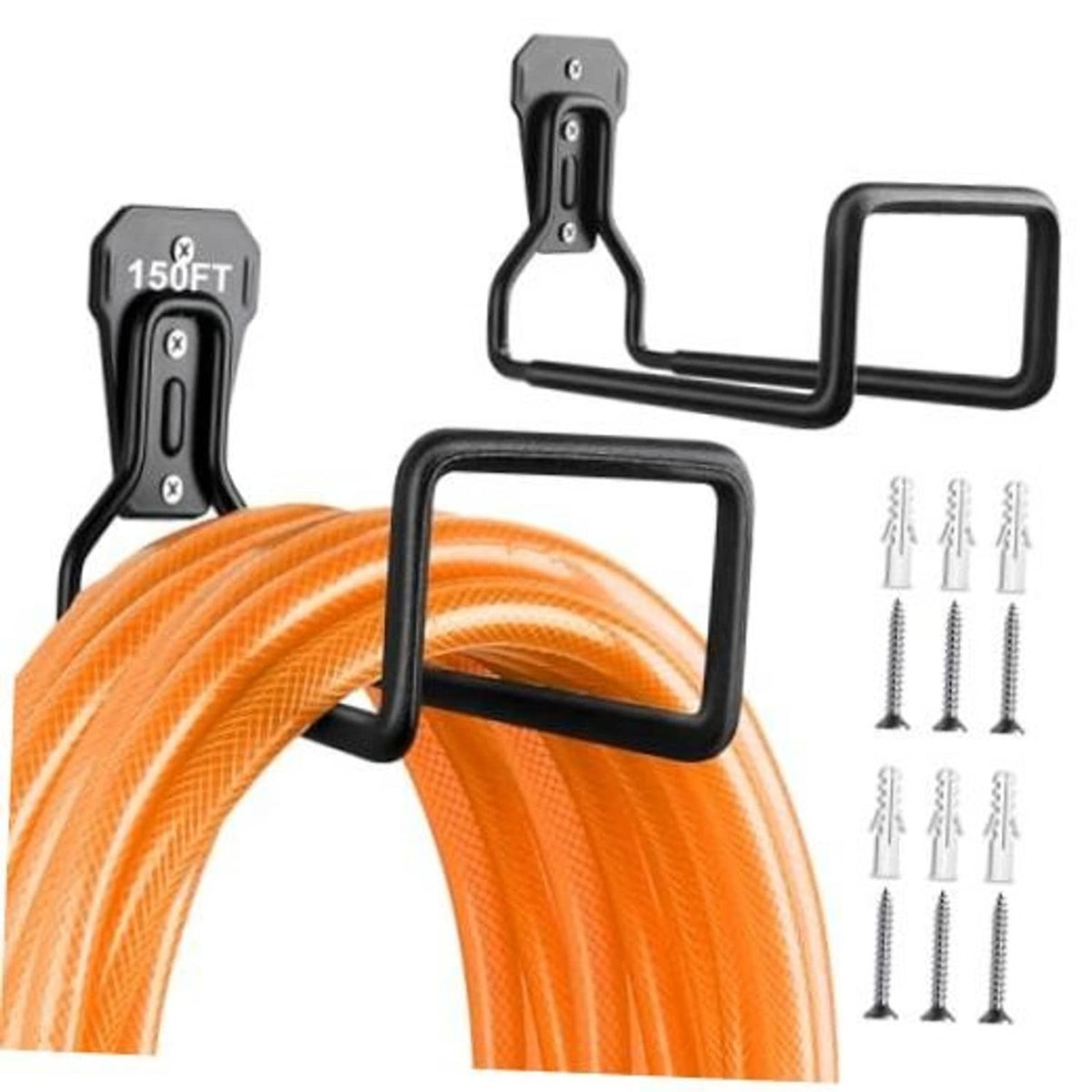 Wall-mounted black metal hose hanger with U-shaped hose supports and square mounting plate