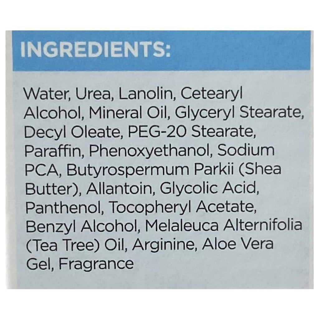 Flexitol Heel Balm ingredients label listing water, urea, lanolin, shea butter, and more