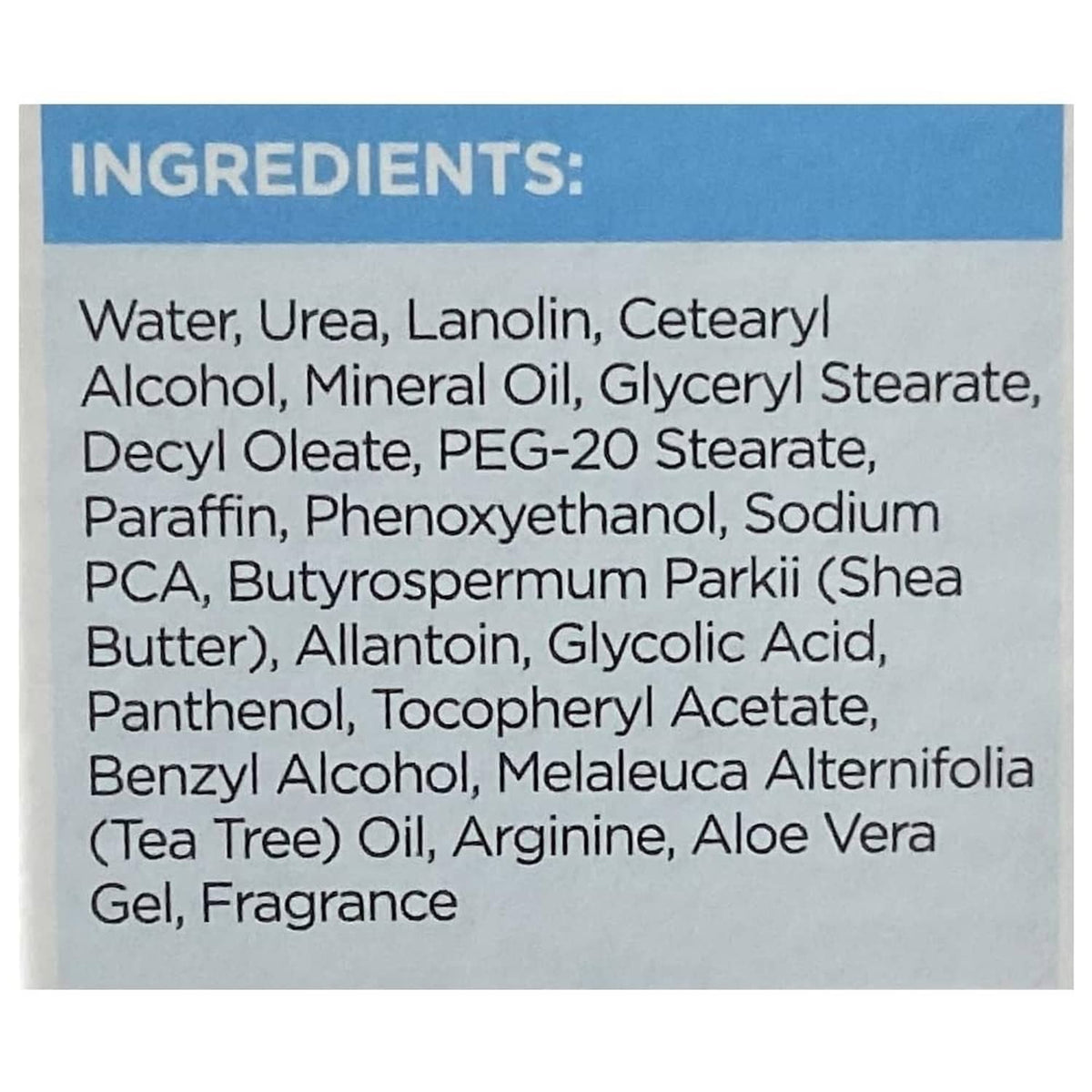 Flexitol Heel Balm ingredients label listing water, urea, lanolin, shea butter, and more