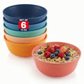 Stack of six deep plastic bowls in bright blue, teal, and orange colors.