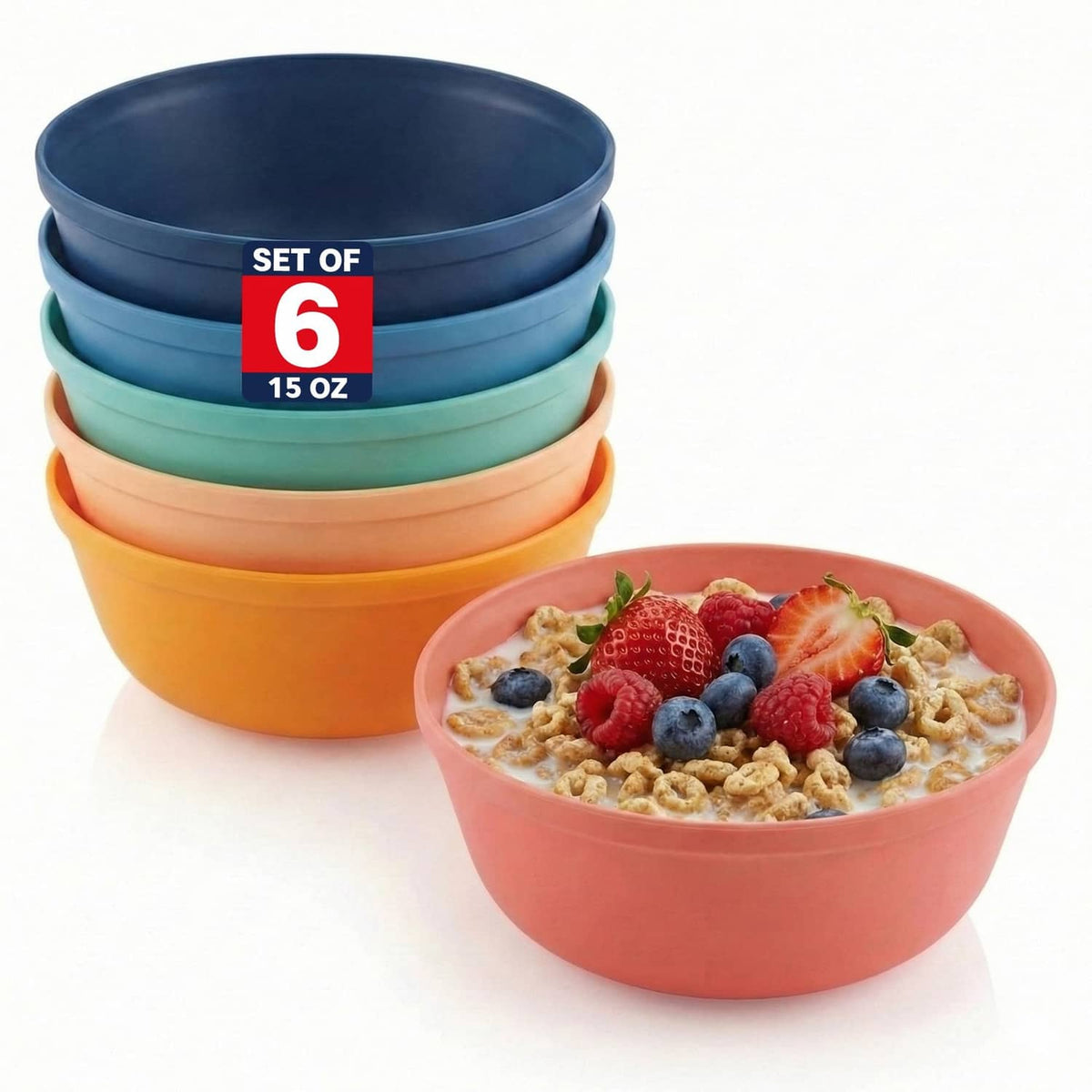 Stack of six deep plastic bowls in bright blue, teal, and orange colors.