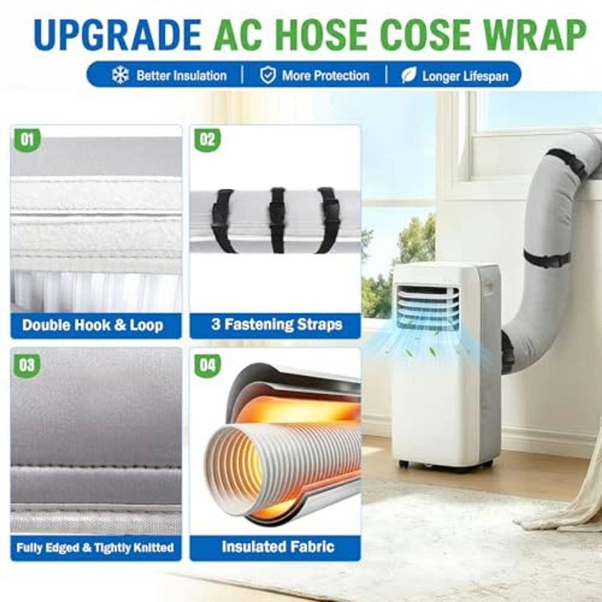 Gray AC hose insulation wrap with hook-and-loop closure and fastening straps