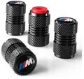 Black knurled tire valve stem caps with blue red M logo, 4-pack