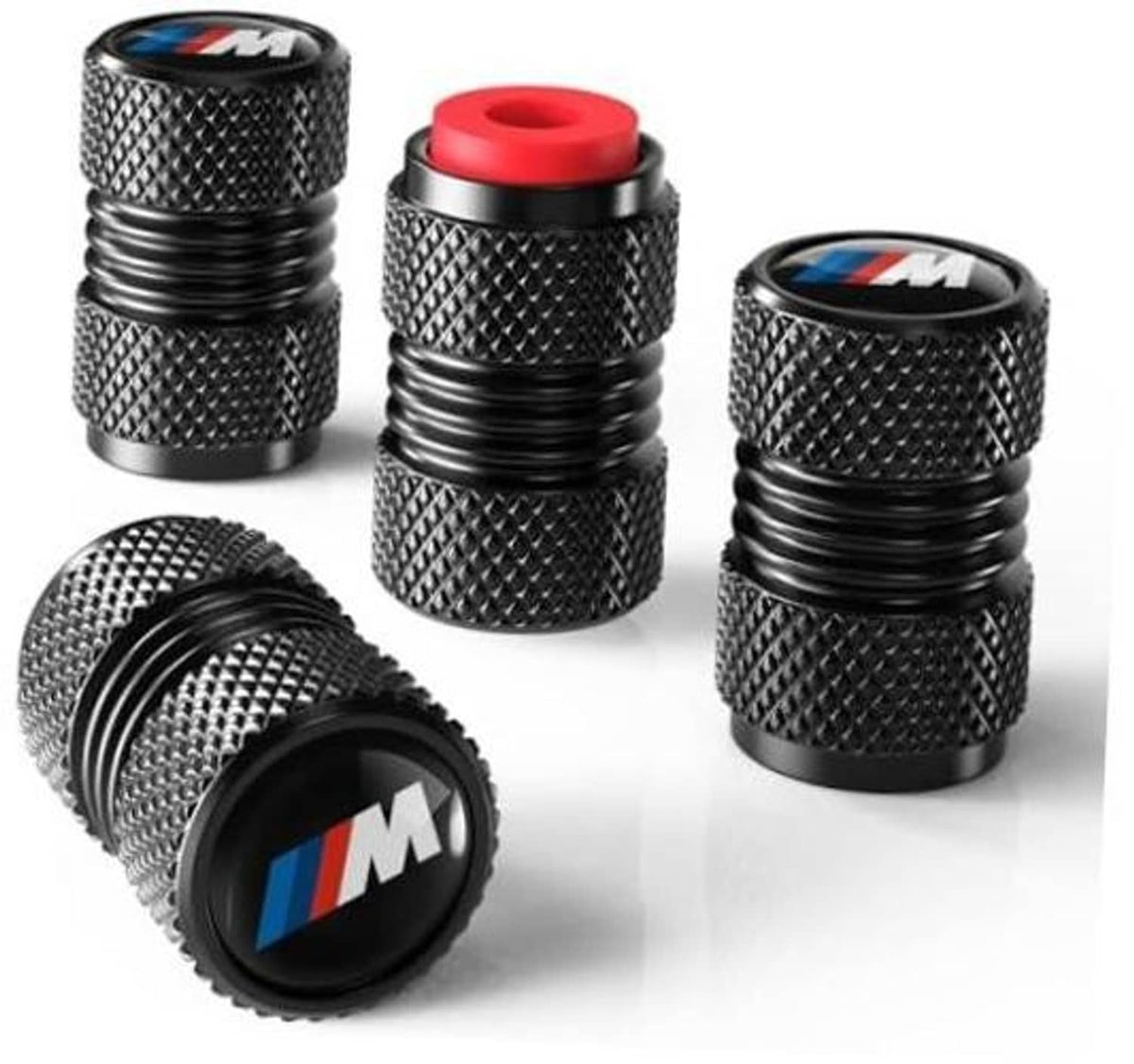 Black knurled tire valve stem caps with blue red M logo, 4-pack