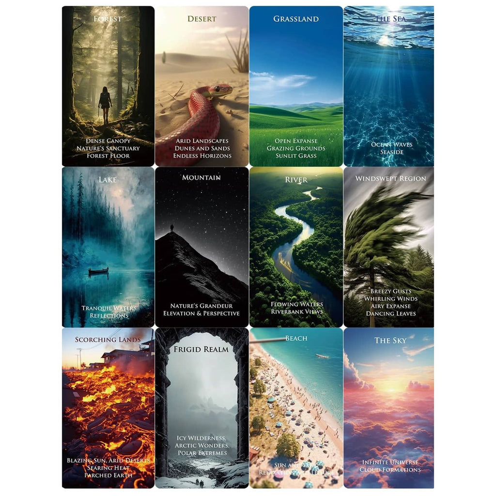 Set of illustrated location oracle cards in tall grid, showing landscapes and interiors