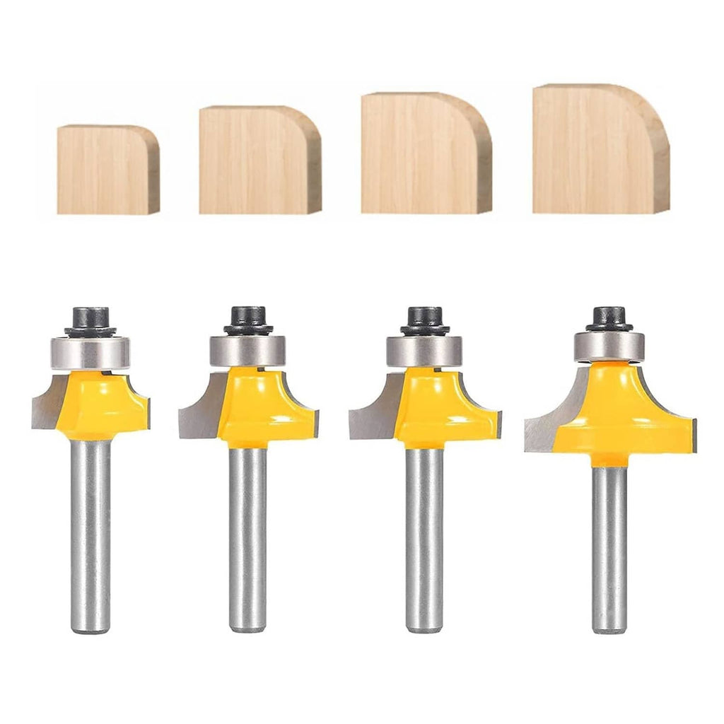 Roundover router bit set with yellow carbide cutters and metal guide bearings, 4 pcs