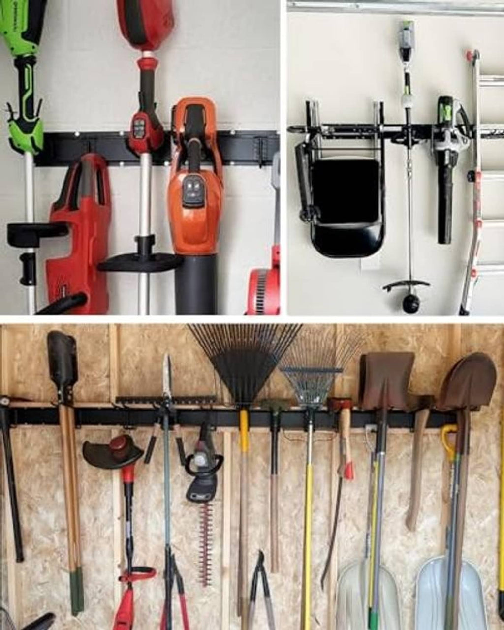 Garage wall tool rack with curved hooks holding shovels, rakes, and hand tools