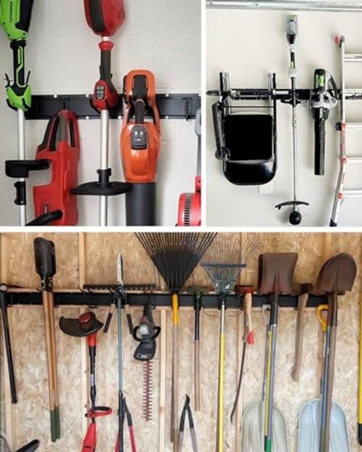 Garage wall tool rack with curved hooks holding shovels, rakes, and hand tools