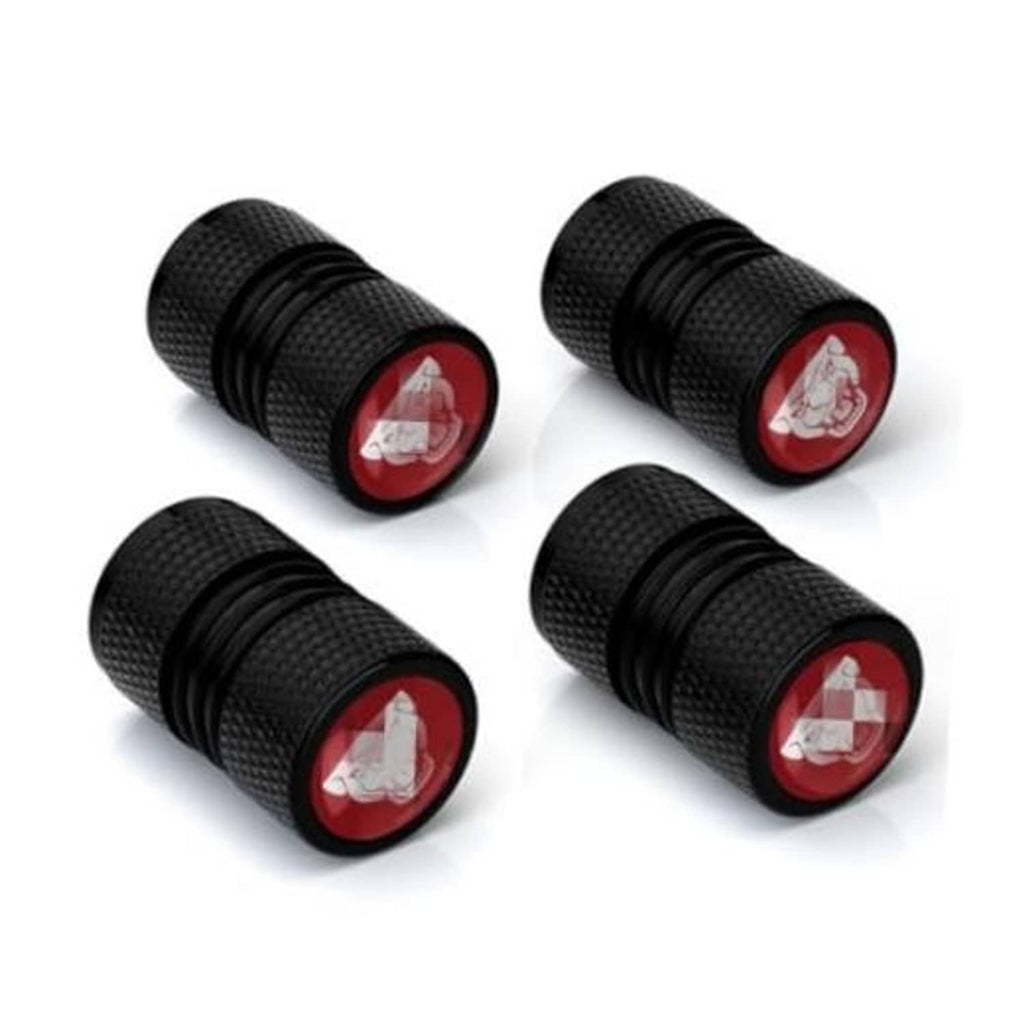 Set of four black textured tire valve stem caps with red round emblem covers