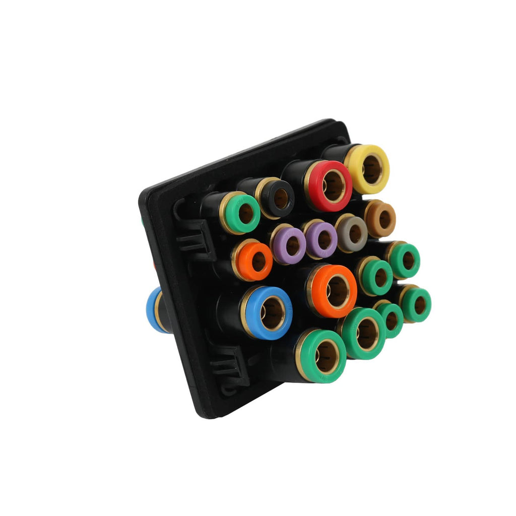 Air manifold connector block angled view with multicolor fittings on black housing