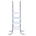 Gray 4-step A-frame steel pool ladder with wide handrails and curved feet