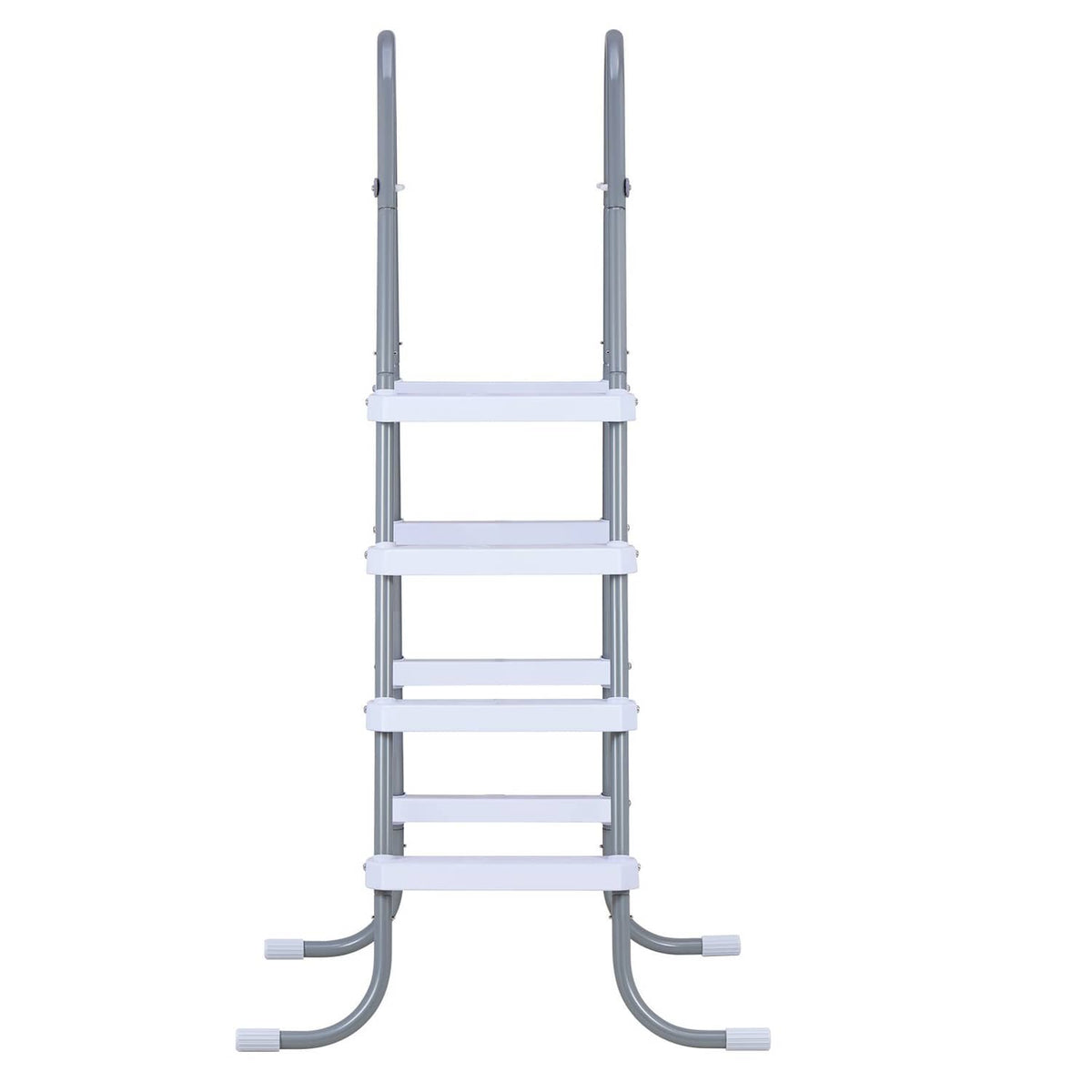 Gray 4-step A-frame steel pool ladder with wide handrails and curved feet