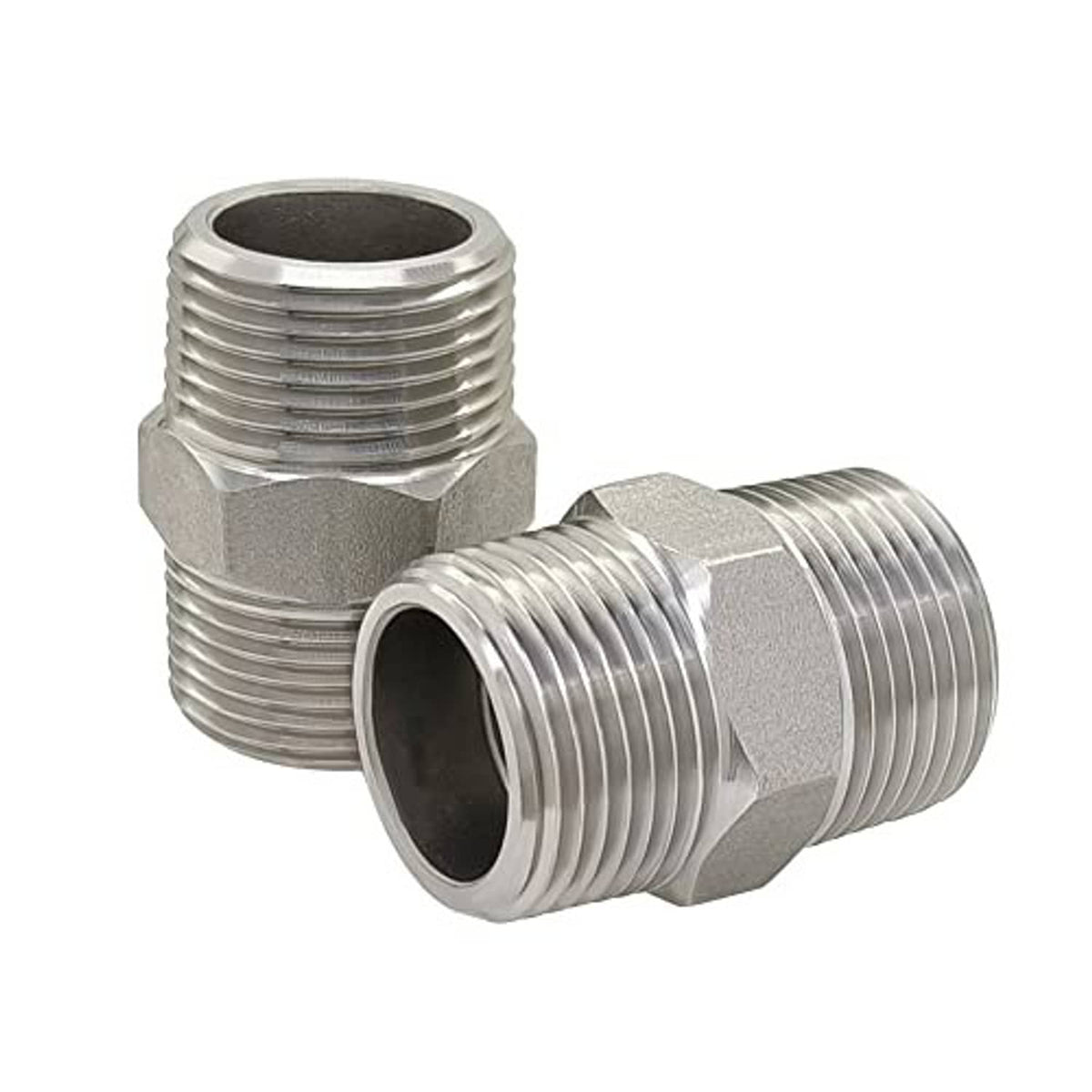 Stainless steel male NPT hex nipple fitting, angled view of two threaded ports