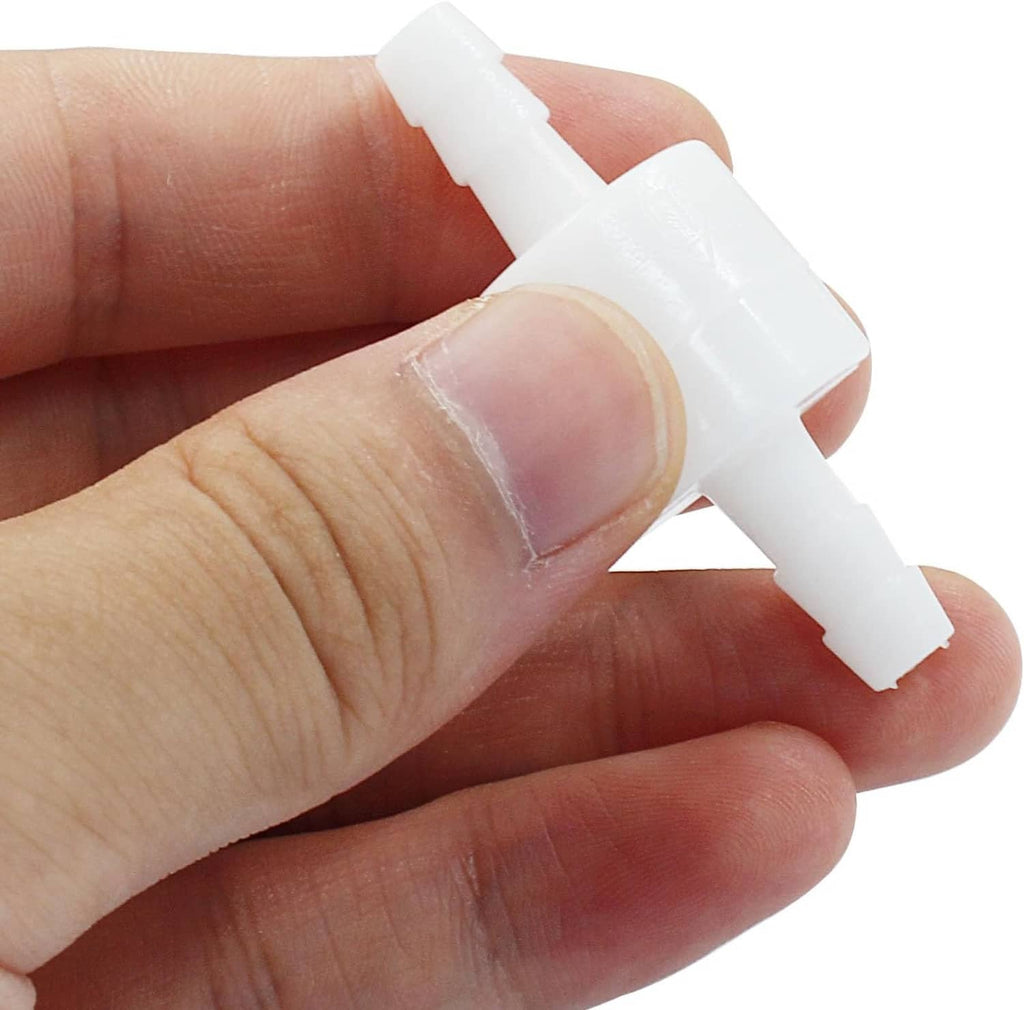 White PVDF one-way check valve held in hand, small barbed connector