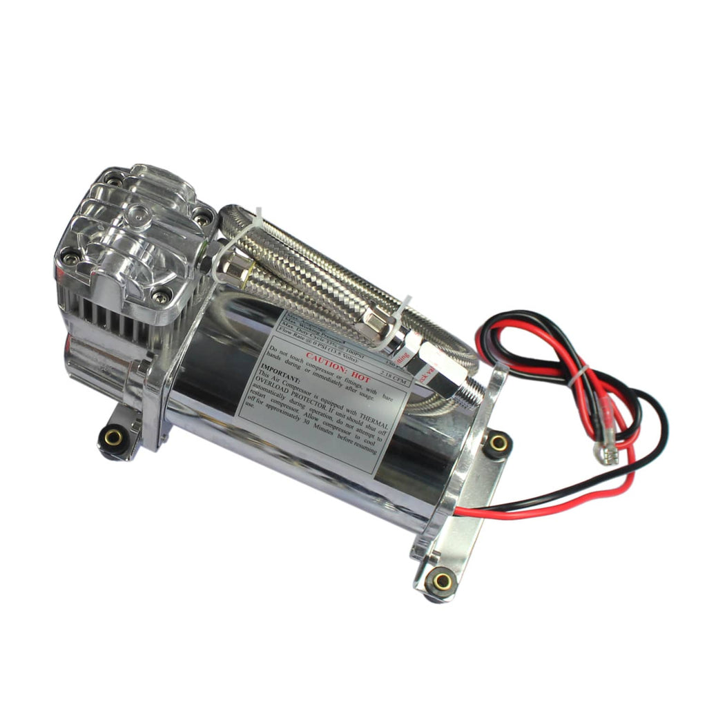 Onboard air compressor unit with label plate, braided lines, and red/black wires