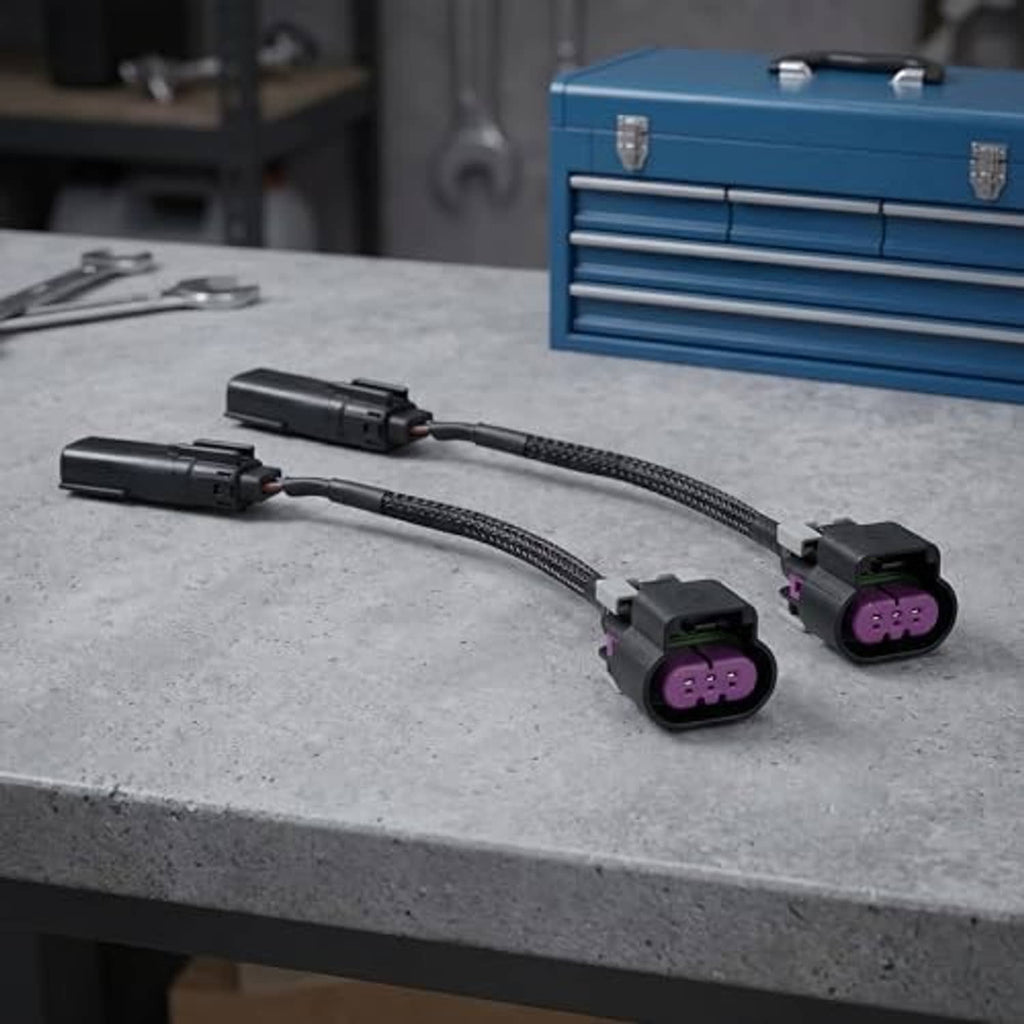 Two-piece headlight wiring adapter harness with black connectors and purple 3-pin plugs