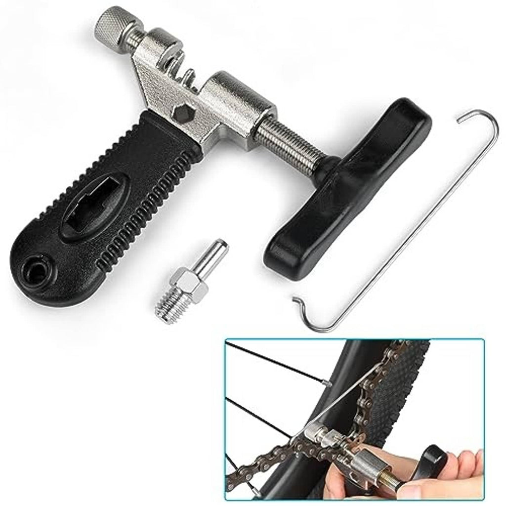 Bike chain breaker tool with silver screw pin and black handle, plus chain hook pin remover